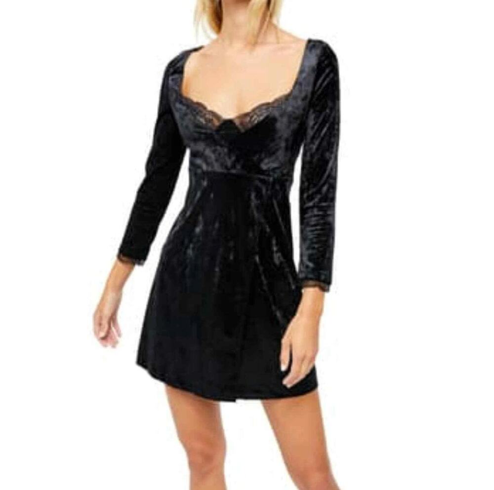 Free People Kat Dress Mini Black velvet lace whimsygoth grunge XS